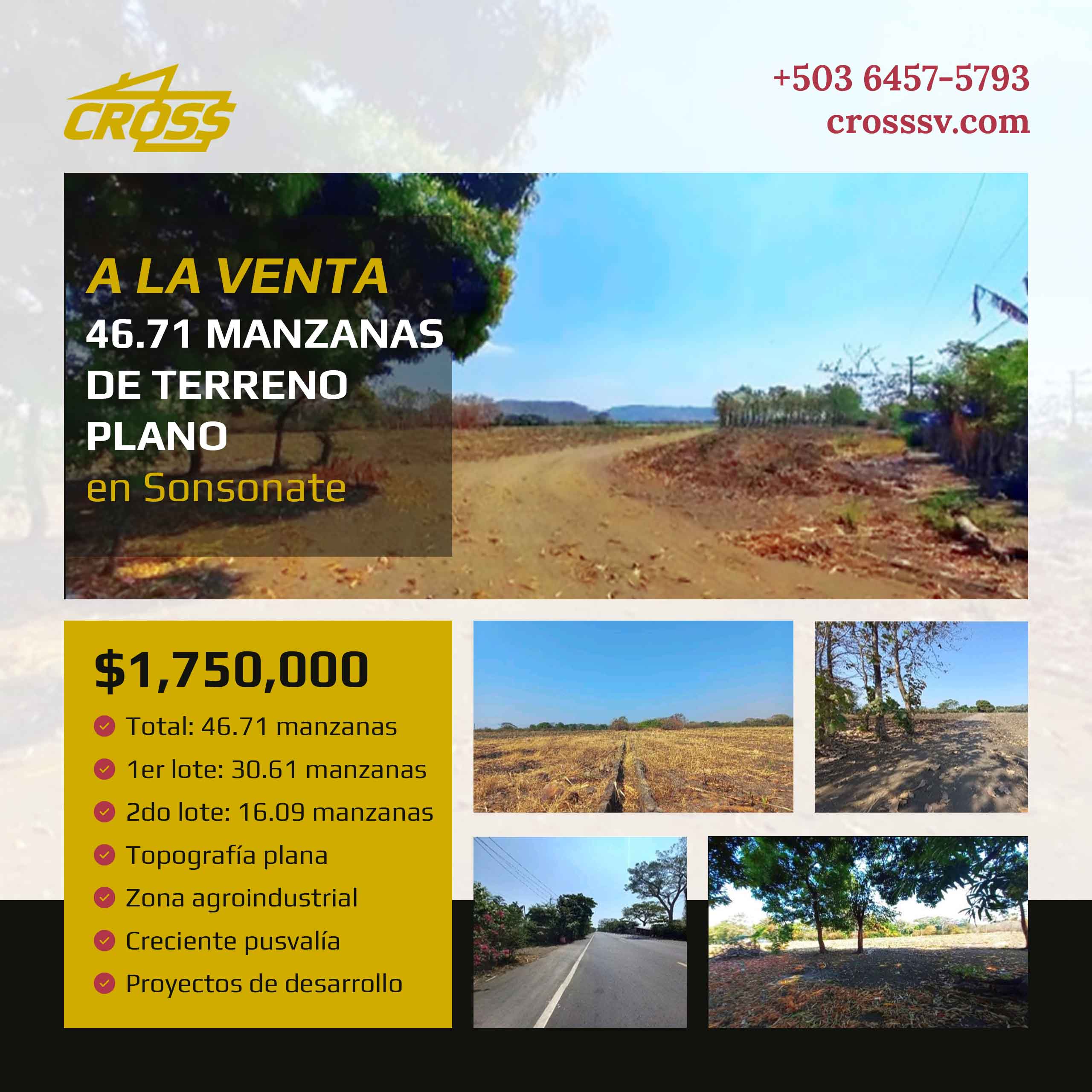 VENDIDO - 46.71 Manzanas de Terreno en Sonsonate para Bodegas o Desarrollo Habitacional