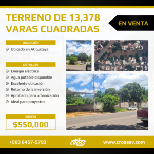 Terreno de 13,378 varas cuadradas en Atiquizaya